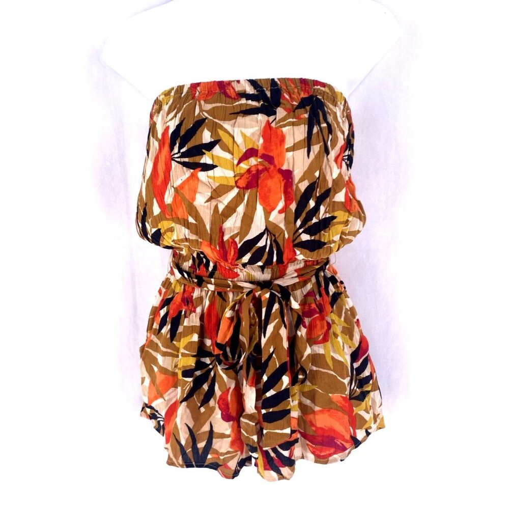Billabong Romper M Orange Gold Floral Print Tube Belt Tie Retro 70s